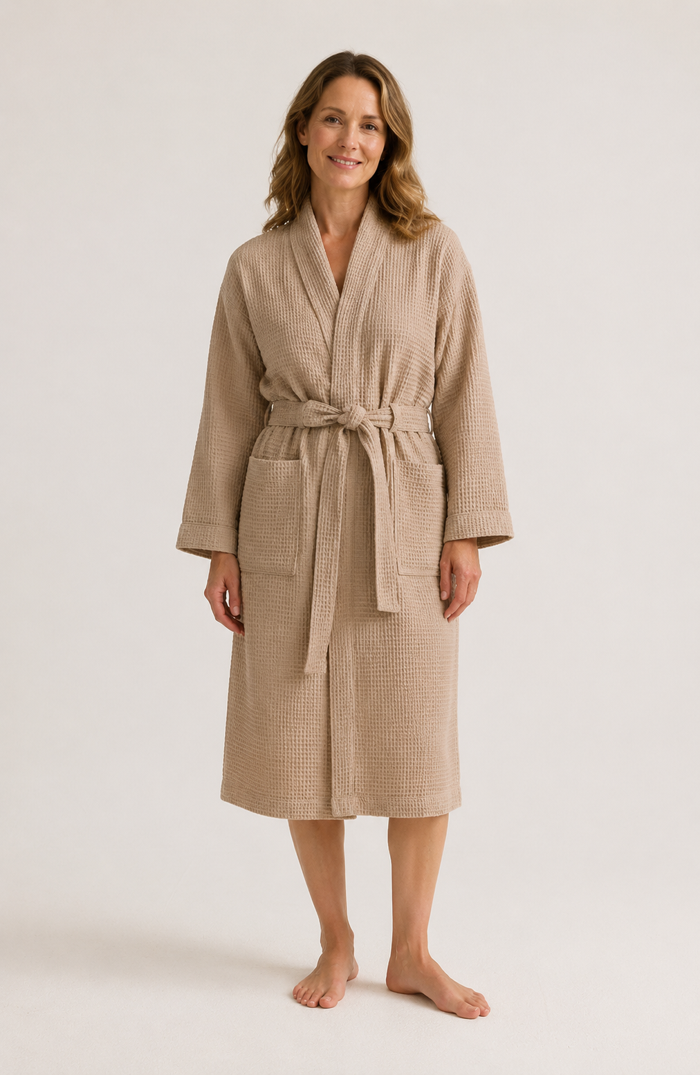 Waffle Knit Kimono Robe for Women in Sand, Long and Lightweight