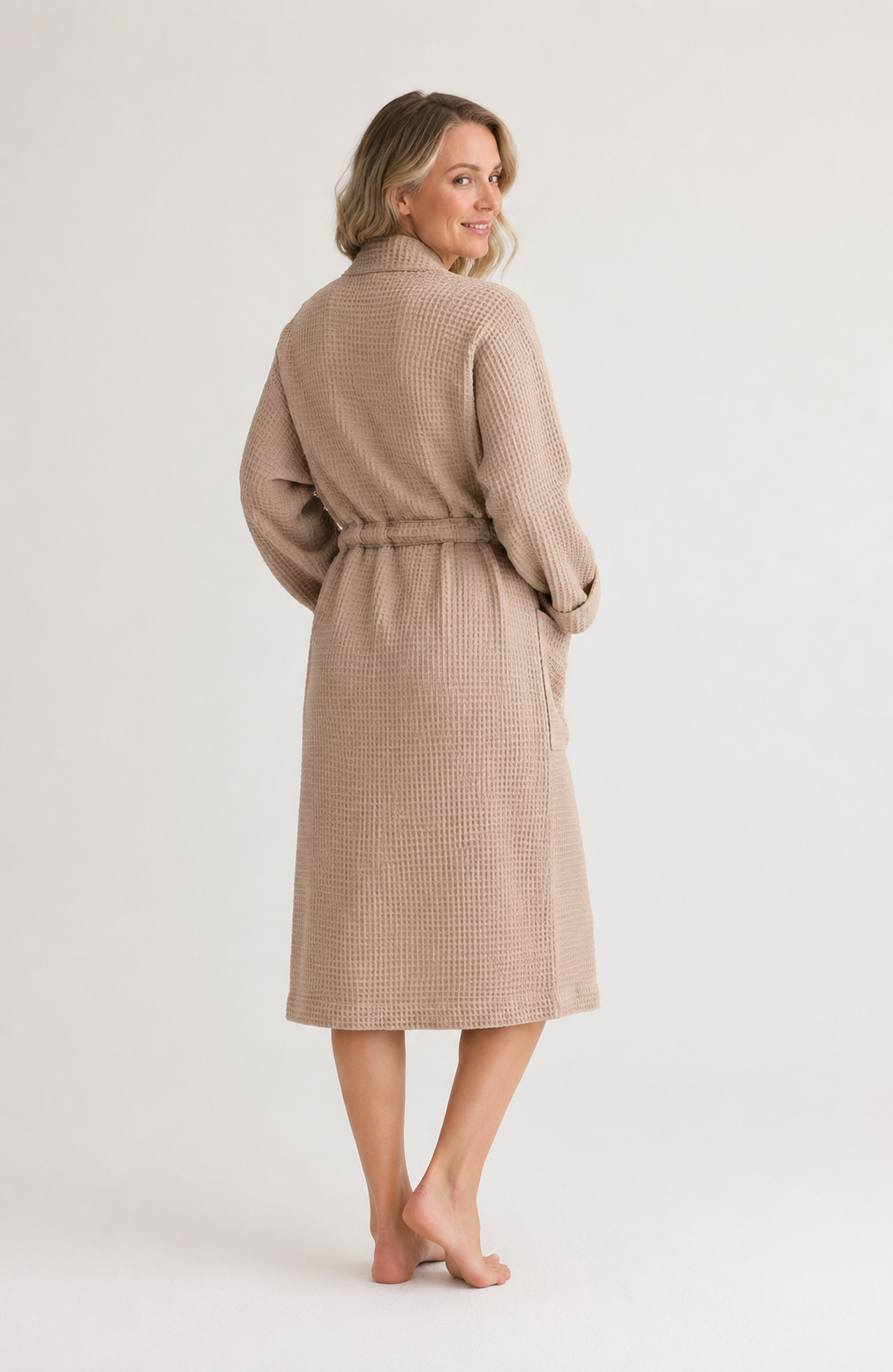 Waffle Knit Kimono Robe for Women in Sand, Long and Lightweight