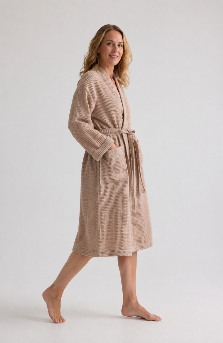 Waffle Knit Kimono Robe for Women in Sand, Long and Lightweight