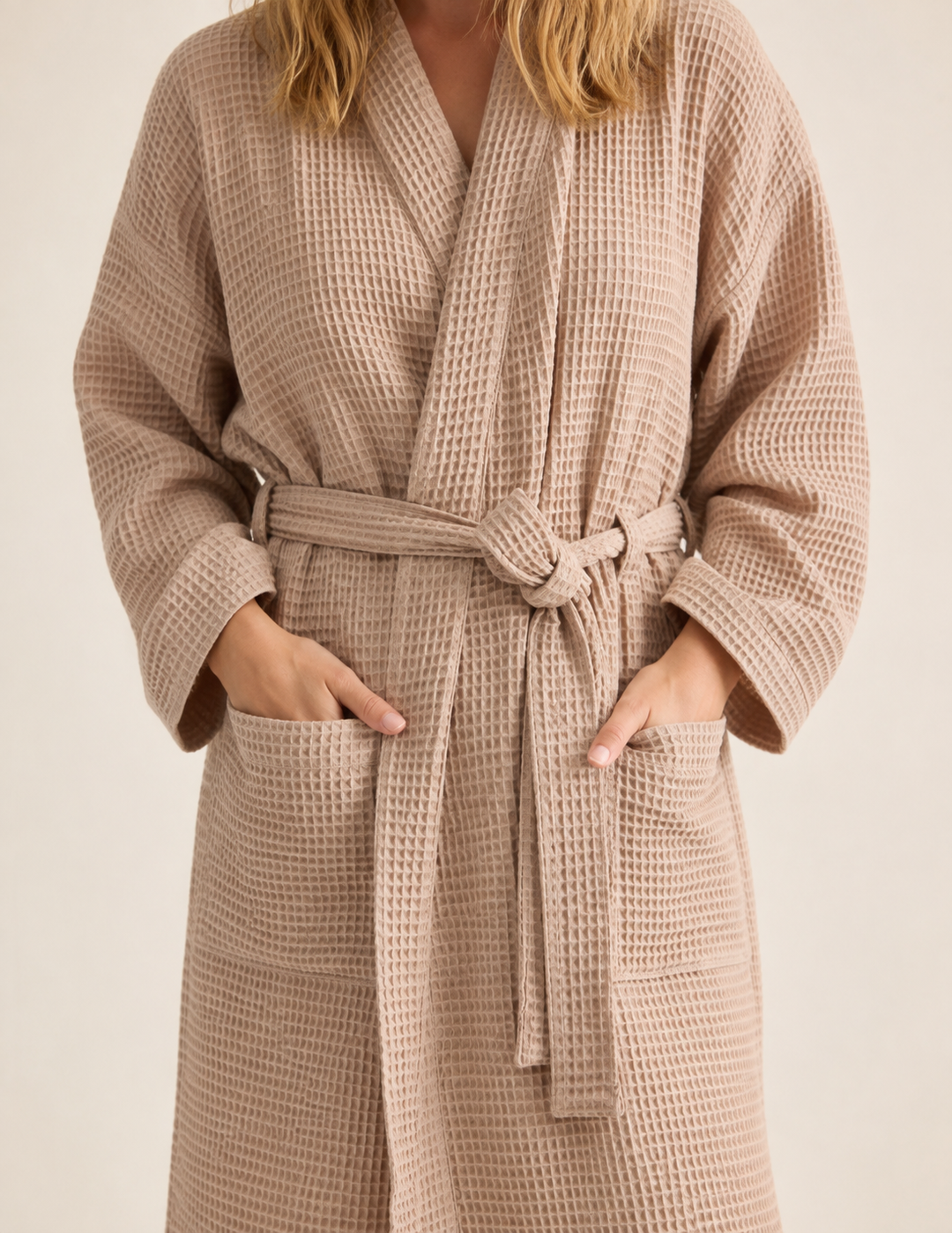 Waffle Knit Kimono Robe for Women in Sand, Long and Lightweight