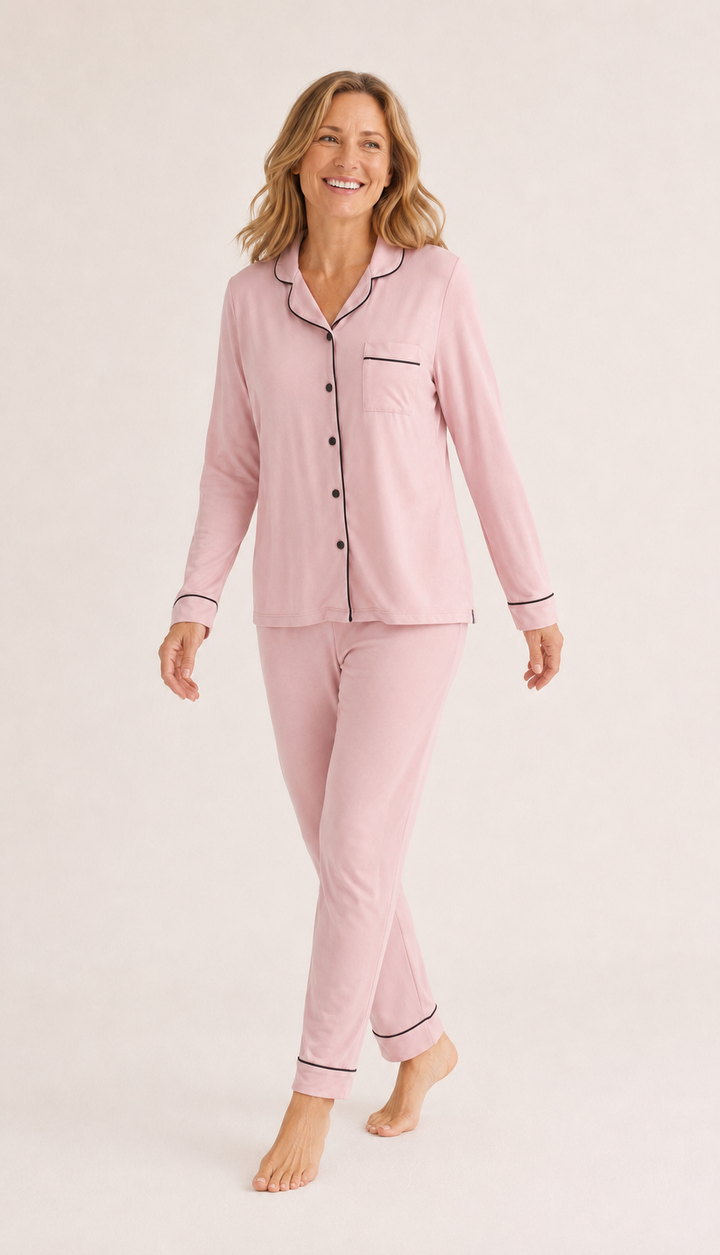 Classic Long Pajama Set for Women in Pink, Contrast Piping