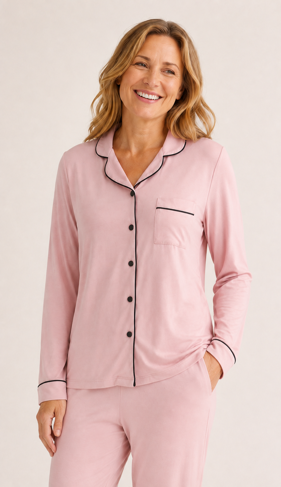 Classic Long Pajama Set for Women in Pink, Contrast Piping
