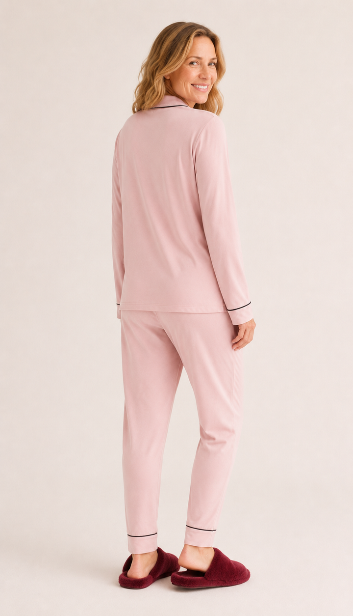 Classic Long Pajama Set for Women in Pink, Contrast Piping