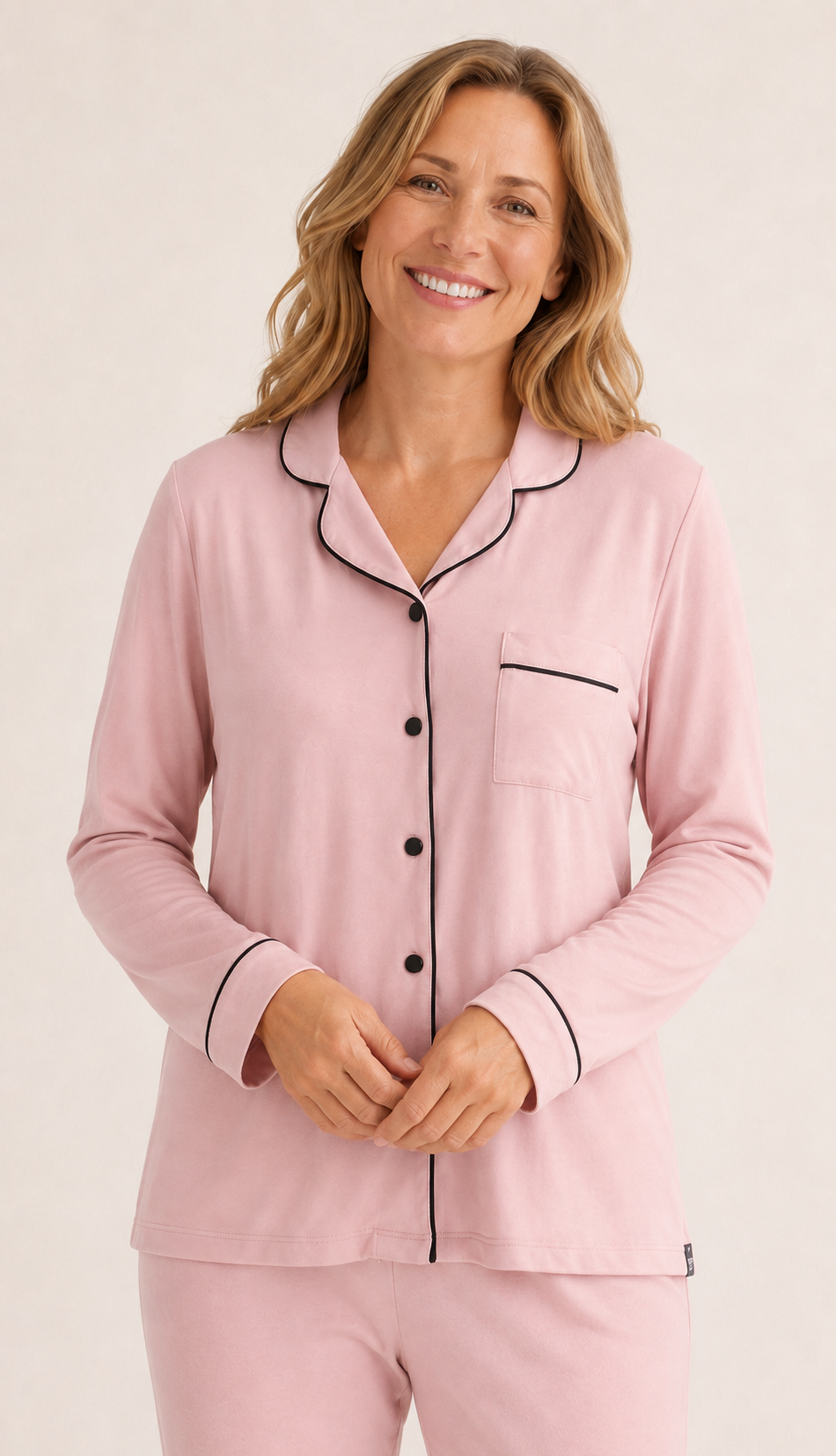 Classic Long Pajama Set for Women in Pink, Contrast Piping