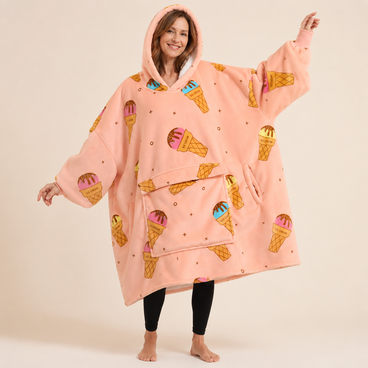 Oversized Hooded Blanket for Women, Sherpa Lined Wearable Blanket Hoodie with Pocket, Printed Fleece