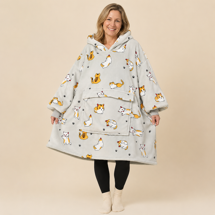 Oversized Hooded Blanket for Women, Sherpa Lined Wearable Blanket Hoodie with Pocket, Printed Fleece