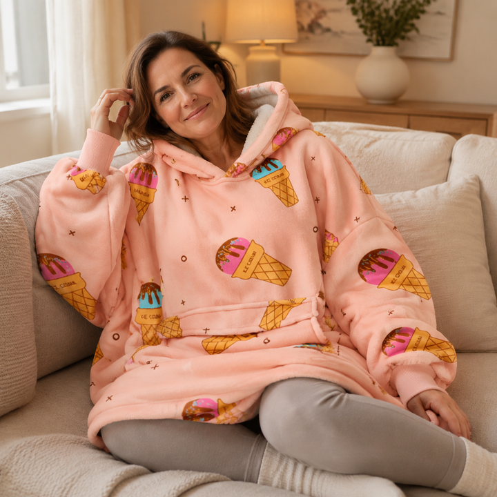Oversized Hooded Blanket for Women, Sherpa Lined Wearable Blanket Hoodie with Pocket, Printed Fleece