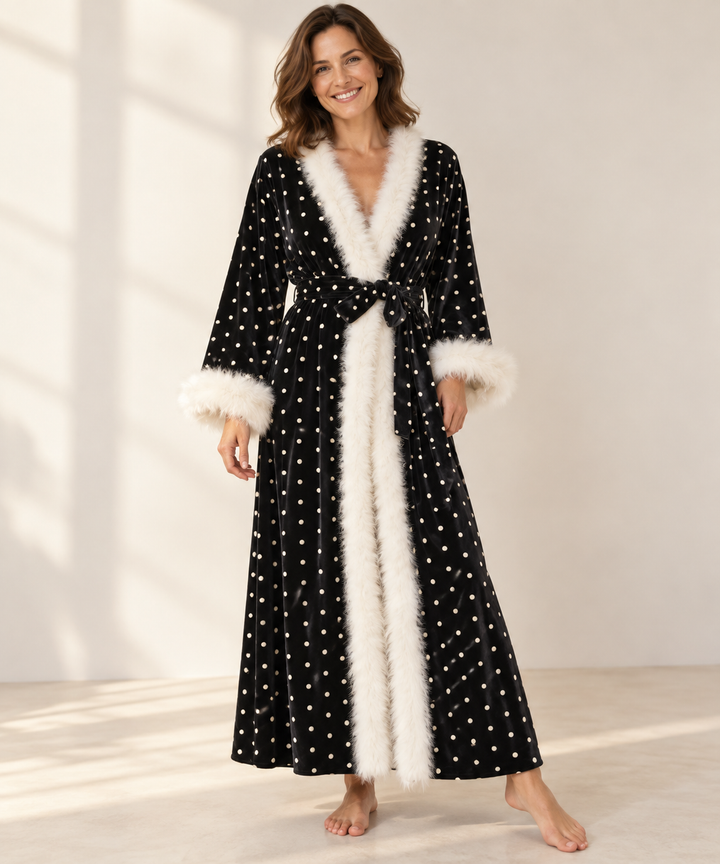 Velvet Robe for Women, Long Wrap with Feather Trim