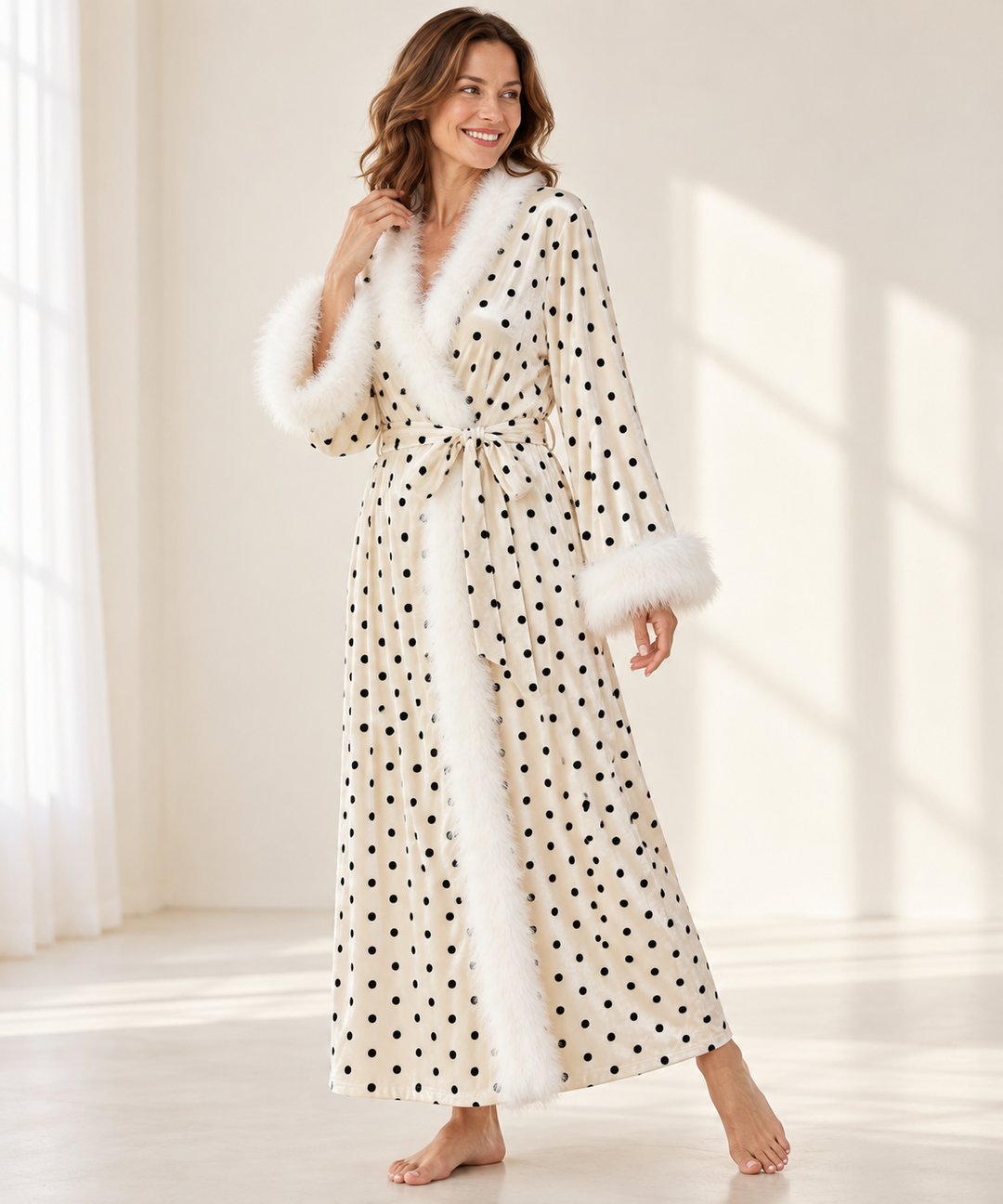 Velvet Robe for Women, Long Wrap with Feather Trim