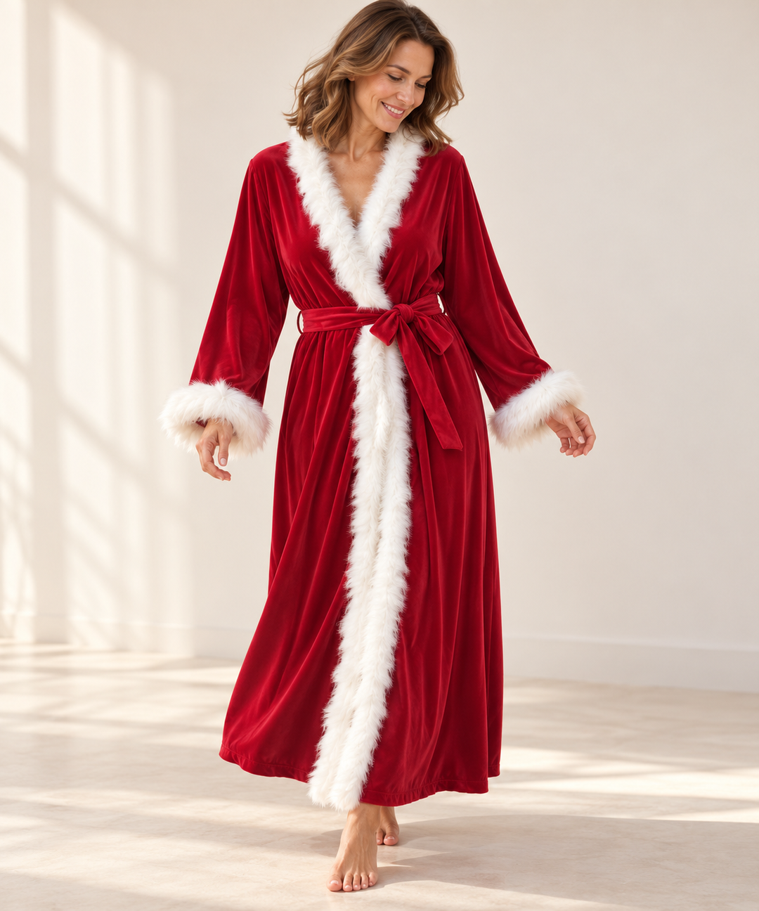 Velvet Robe for Women, Long Wrap with Feather Trim