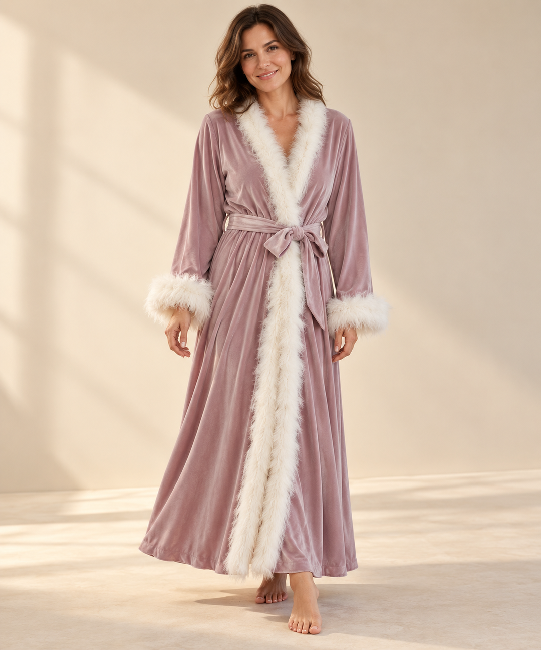 Velvet Robe for Women, Long Wrap with Feather Trim
