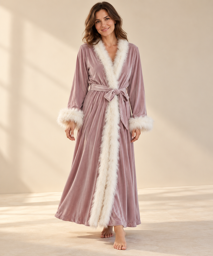 Velvet Robe for Women, Long Wrap with Feather Trim