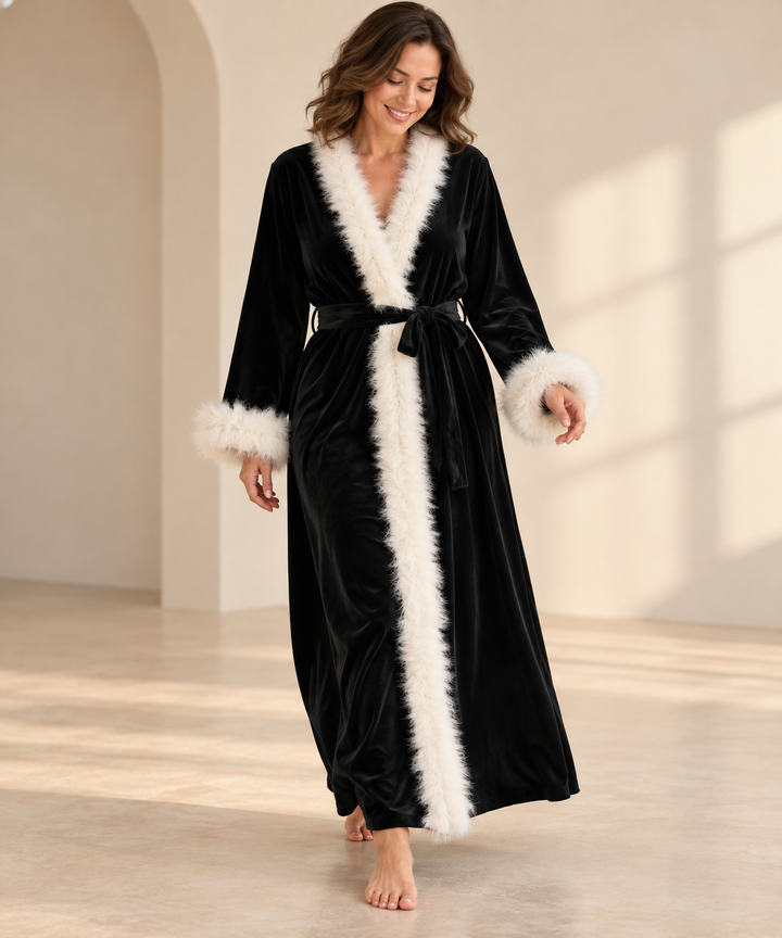 Velvet Robe for Women, Long Wrap with Feather Trim