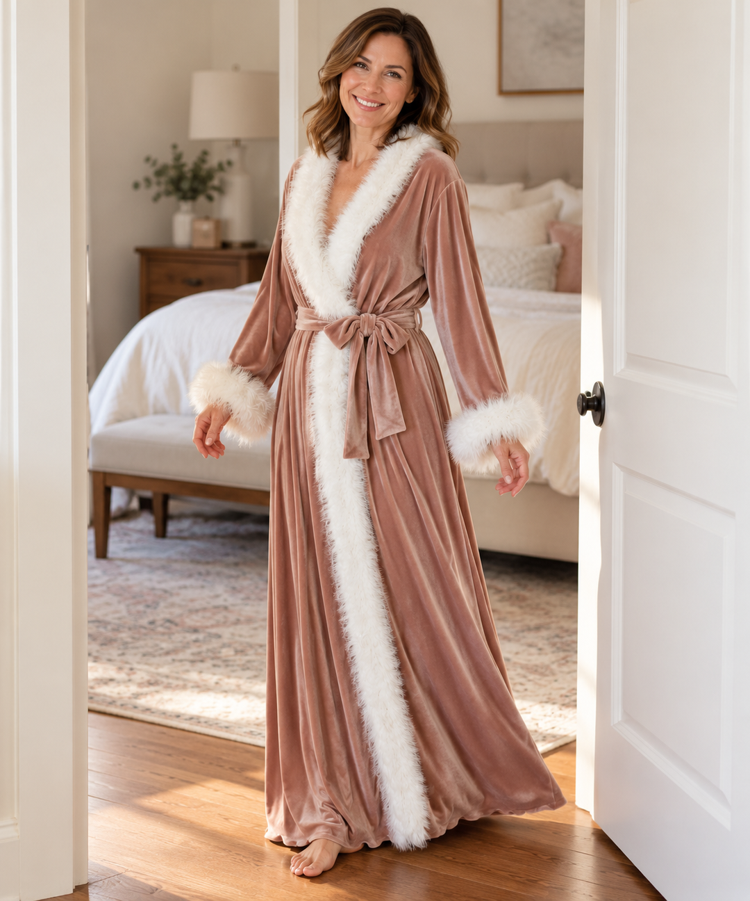 Velvet Robe for Women, Long Wrap with Feather Trim