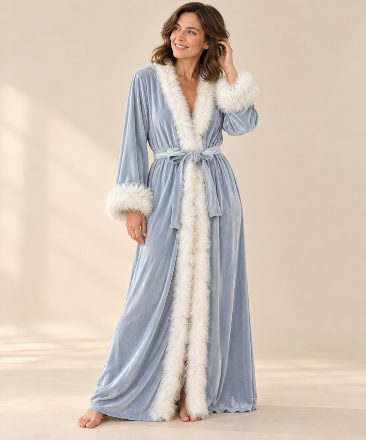 Velvet Robe for Women, Long Wrap with Feather Trim
