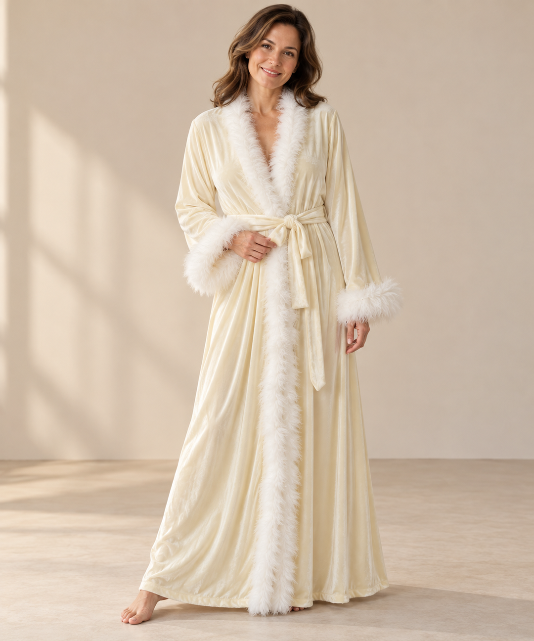 Velvet Robe for Women, Long Wrap with Feather Trim