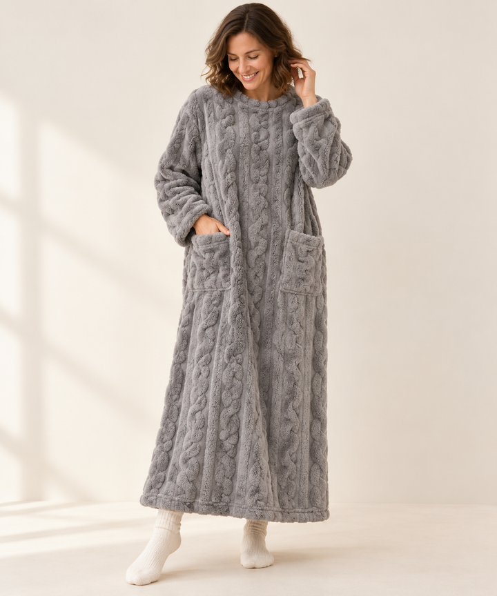 Plush Cable Knit Fleece Robe for Women, Long Wrap Style