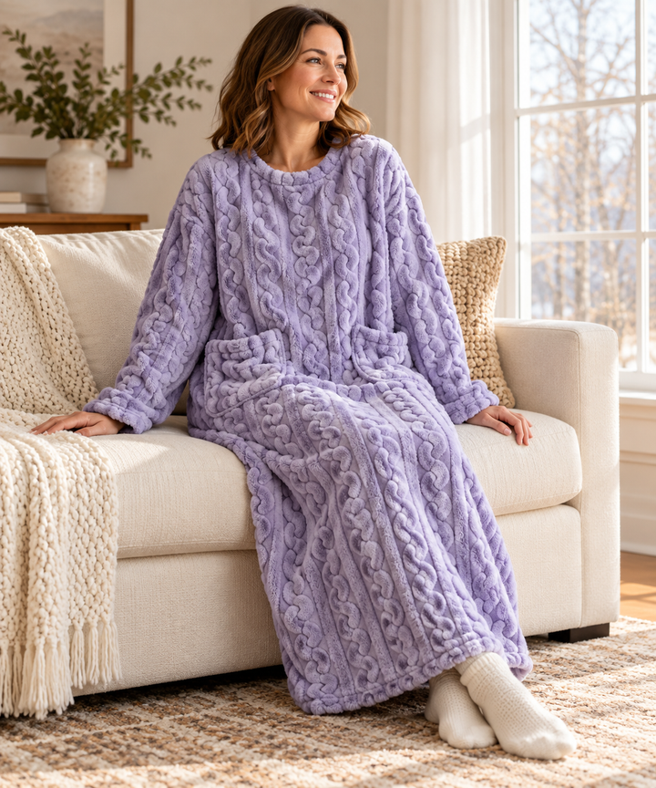 Plush Cable Knit Fleece Robe for Women, Long Wrap Style