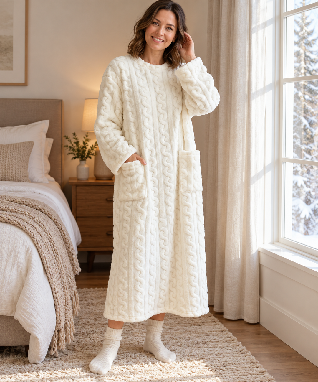 Plush Cable Knit Fleece Robe for Women, Long Wrap Style