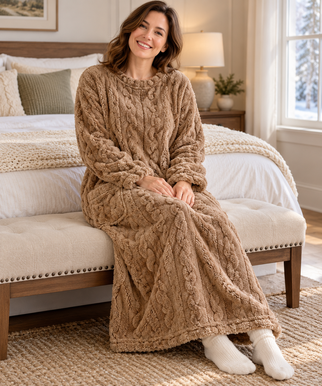 Plush Cable Knit Fleece Robe for Women, Long Wrap Style