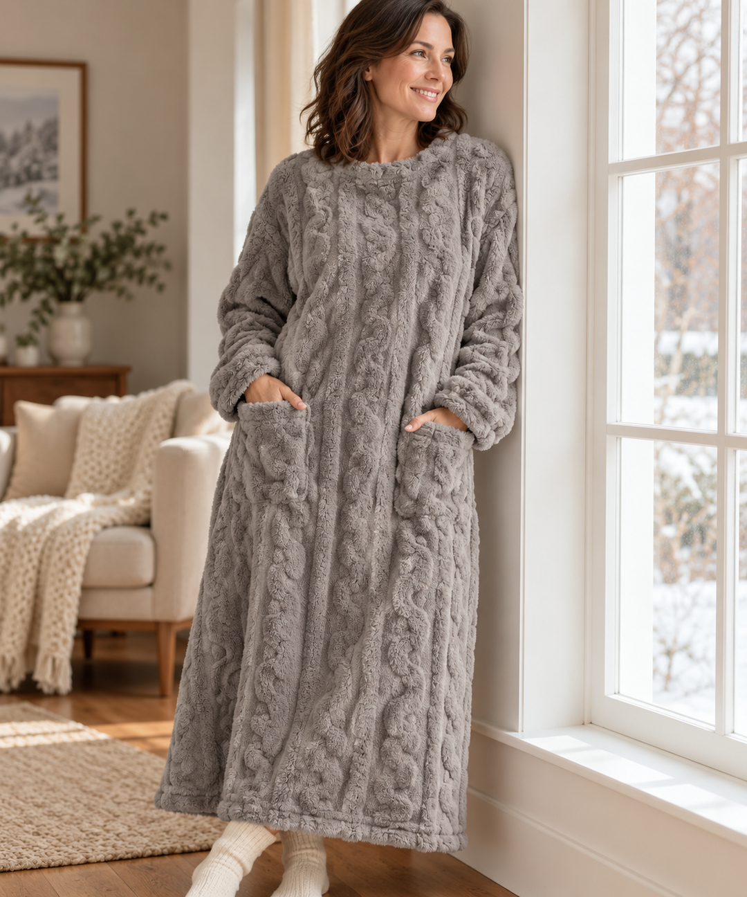 Plush Cable Knit Fleece Robe for Women, Long Wrap Style