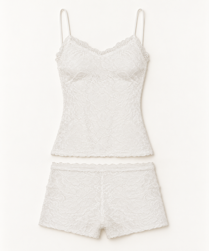 Lace Cami and Shorts Set for Women in White, Scalloped Trim
