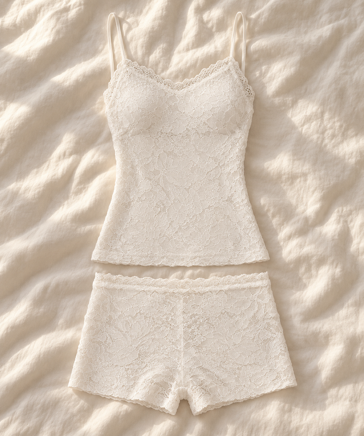 Lace Cami and Shorts Set for Women in White, Scalloped Trim