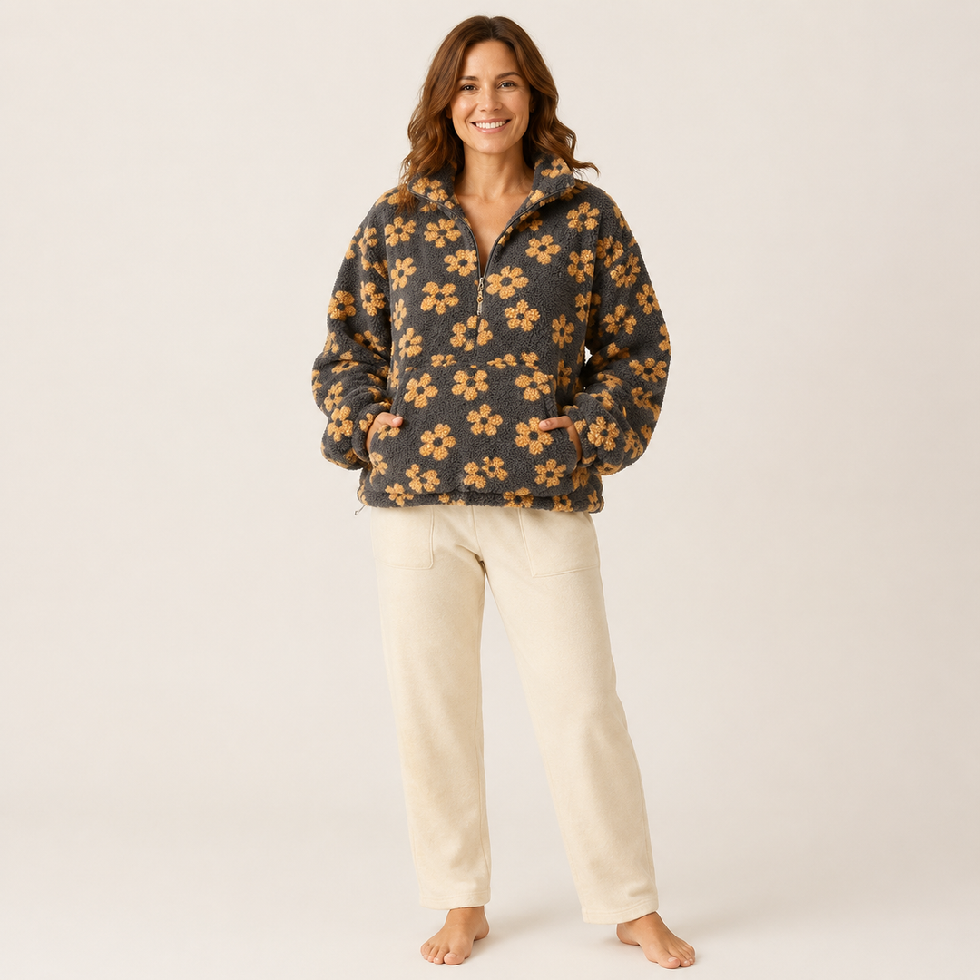 Sherpa Half Zip Pullover for Women, Floral Fleece
