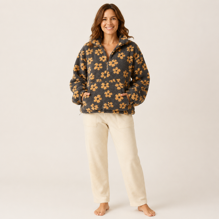 Sherpa Half Zip Pullover for Women, Floral Fleece