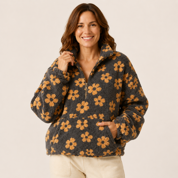 Sherpa Half Zip Pullover for Women, Floral Fleece