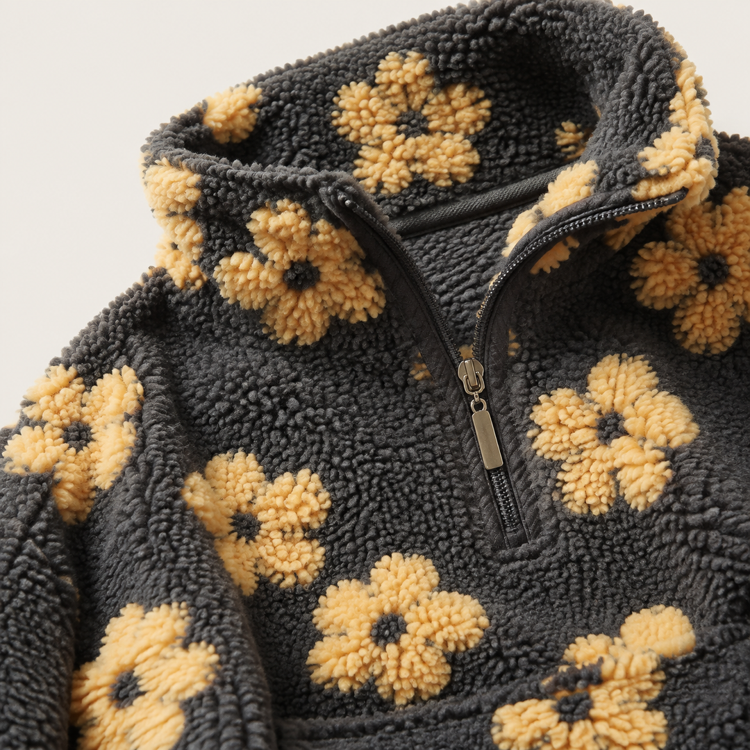 Sherpa Half Zip Pullover for Women, Floral Fleece