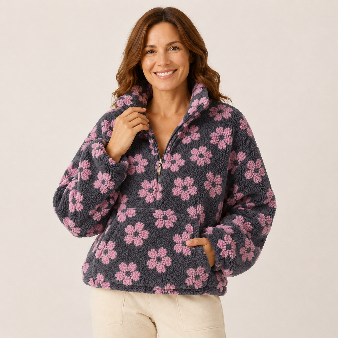 Sherpa Half Zip Pullover for Women, Floral Fleece