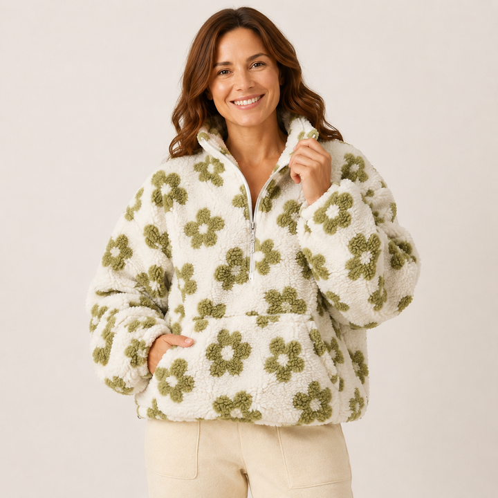 Sherpa Half Zip Pullover for Women, Floral Fleece