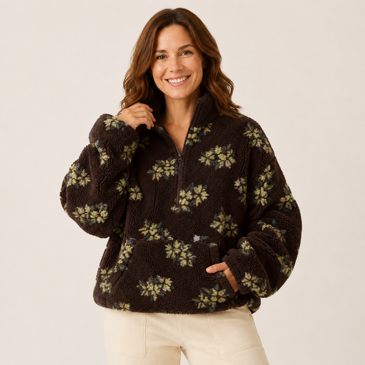 Sherpa Half Zip Pullover for Women, Floral Fleece
