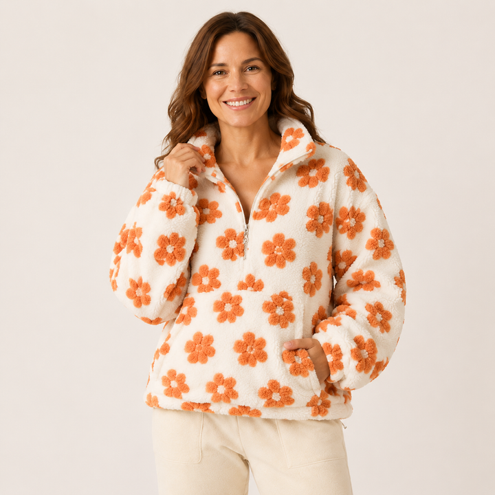Sherpa Half Zip Pullover for Women, Floral Fleece