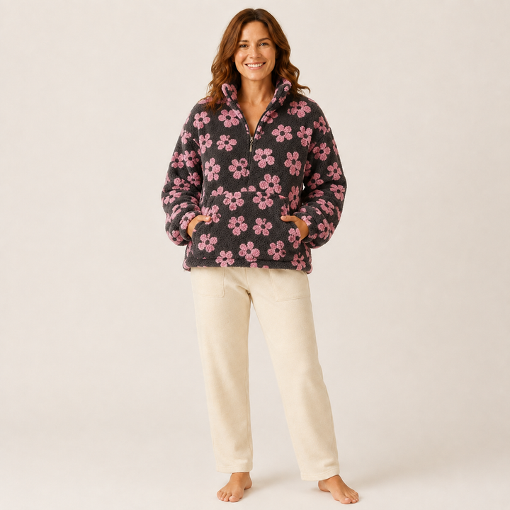 Sherpa Half Zip Pullover for Women, Floral Fleece