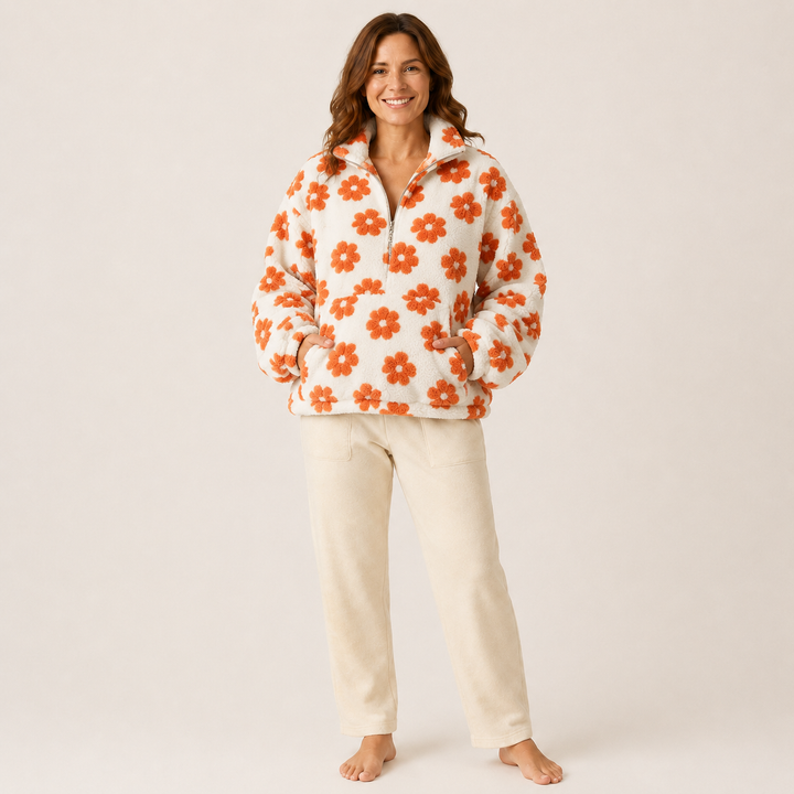 Sherpa Half Zip Pullover for Women, Floral Fleece