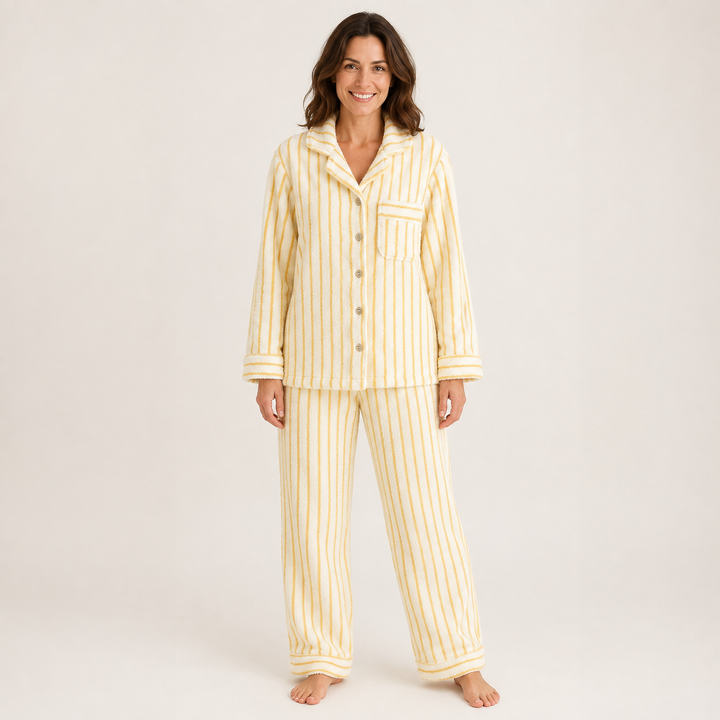 Striped Fleece Pajama Set for Women, Coral Fleece Long Sleeve