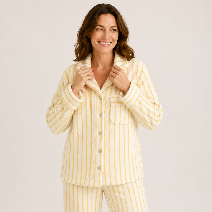 Striped Fleece Pajama Set for Women, Coral Fleece Long Sleeve