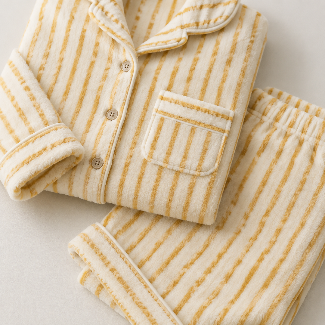 Striped Fleece Pajama Set for Women, Coral Fleece Long Sleeve