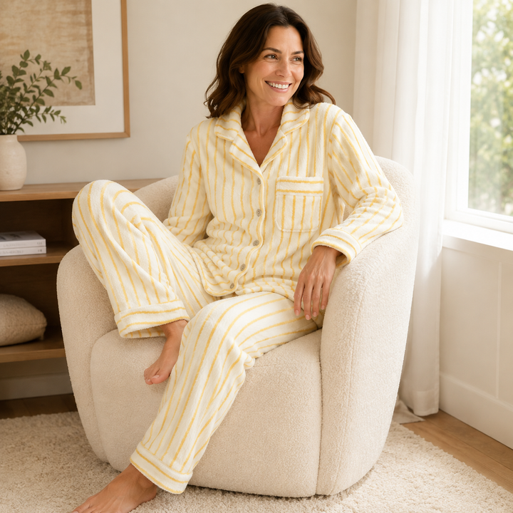 Striped Fleece Pajama Set for Women, Coral Fleece Long Sleeve