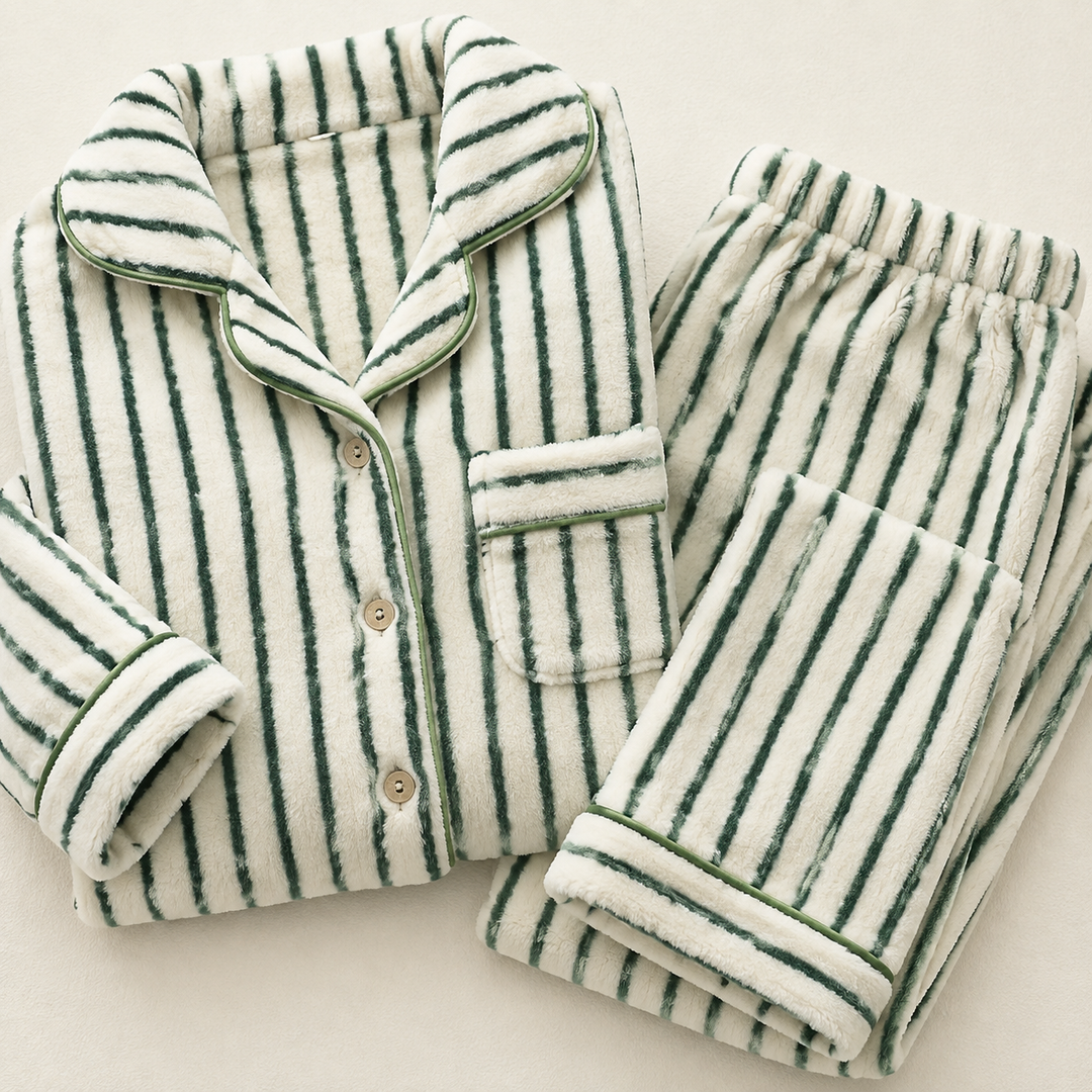 Striped Fleece Pajama Set for Women, Coral Fleece Long Sleeve