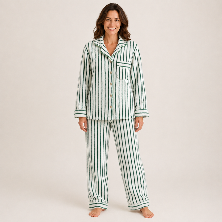 Striped Fleece Pajama Set for Women, Coral Fleece Long Sleeve