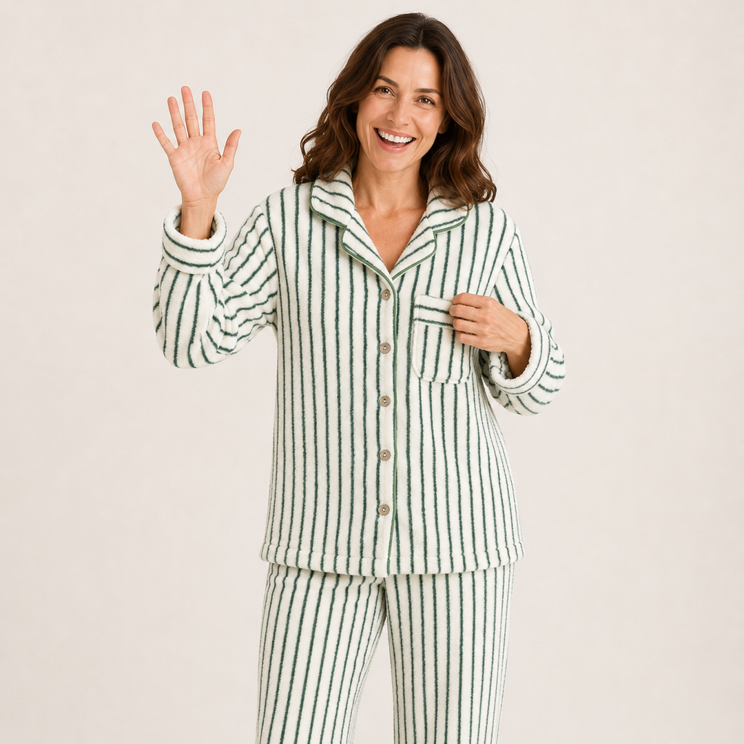 Striped Fleece Pajama Set for Women, Coral Fleece Long Sleeve