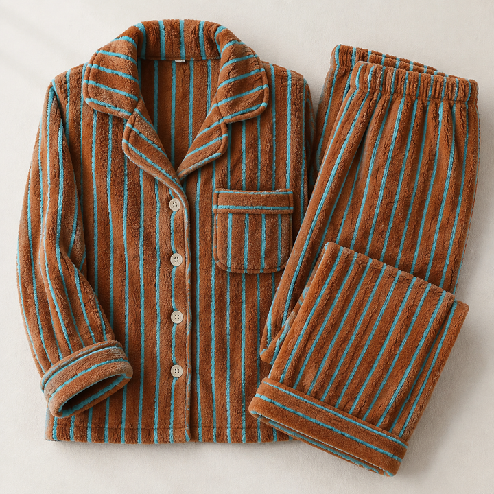 Striped Fleece Pajama Set for Women, Coral Fleece Long Sleeve