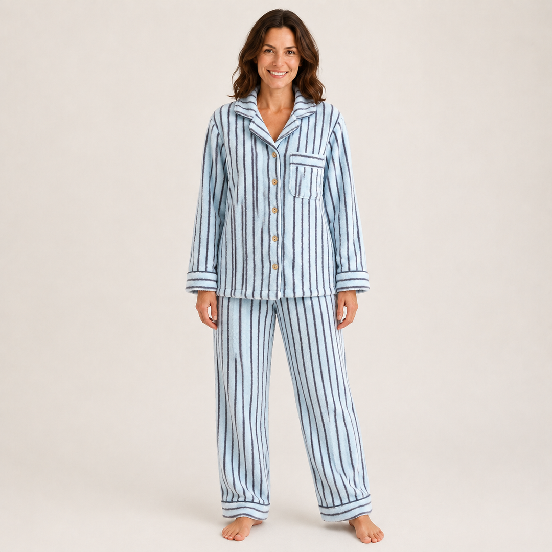 Striped Fleece Pajama Set for Women, Coral Fleece Long Sleeve