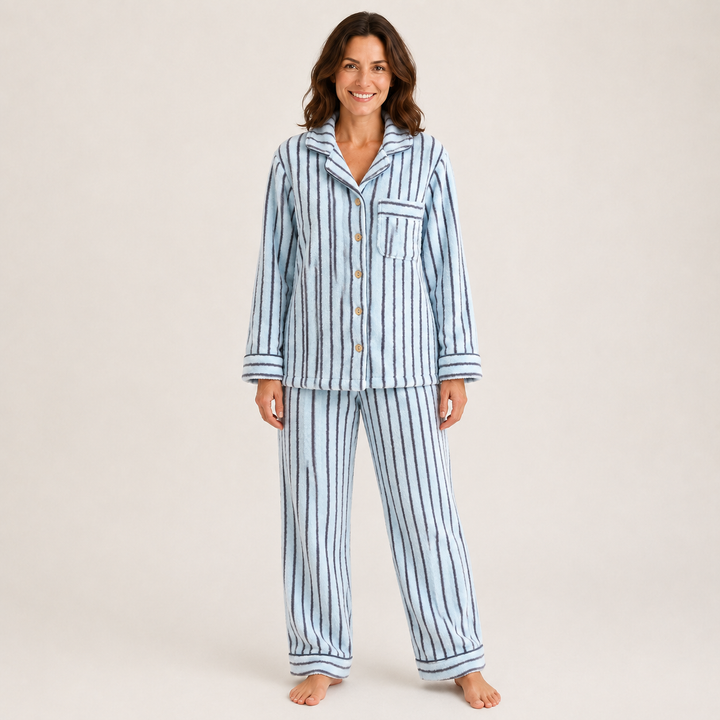 Striped Fleece Pajama Set for Women, Coral Fleece Long Sleeve