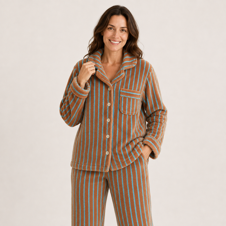 Striped Fleece Pajama Set for Women, Coral Fleece Long Sleeve