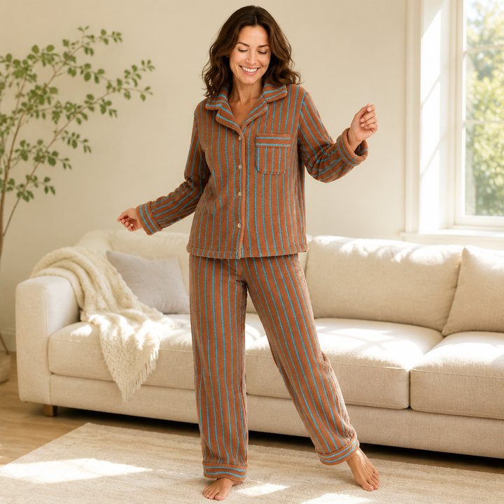 Striped Fleece Pajama Set for Women, Coral Fleece Long Sleeve