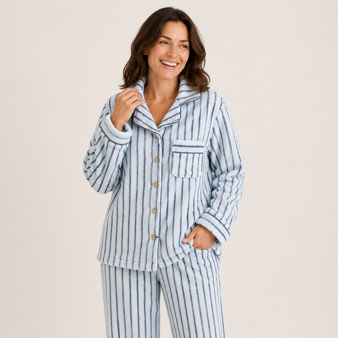 Striped Fleece Pajama Set for Women, Coral Fleece Long Sleeve